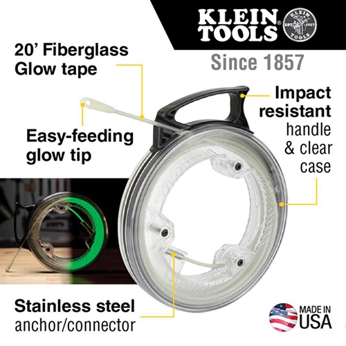 Klein Tools 50660 Glow in The Dark Fish Tape, Fiberglass with Nylon Tip and  Stainless-Steel Connector for Fish Rod Attachments, 40-Foot